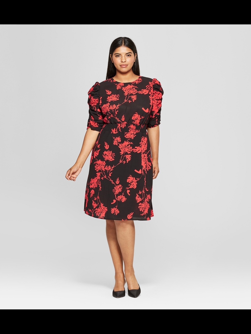 Who What Wear Black Dress with Red Floral Print and Puff Sleeves